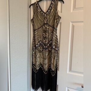 Elegant Black and Gold Beaded Dress Flapper Retro Small